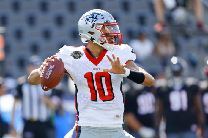 Apr 30, 2022; Birmingham, AL, USA; Tampa Bay Bandits quarterback Jordan Ta'amu (10) throws against the Houston Gamblers during the first half at Protective Stadium. Mandatory Credit: Vasha Hunt-USA TODAY Sports